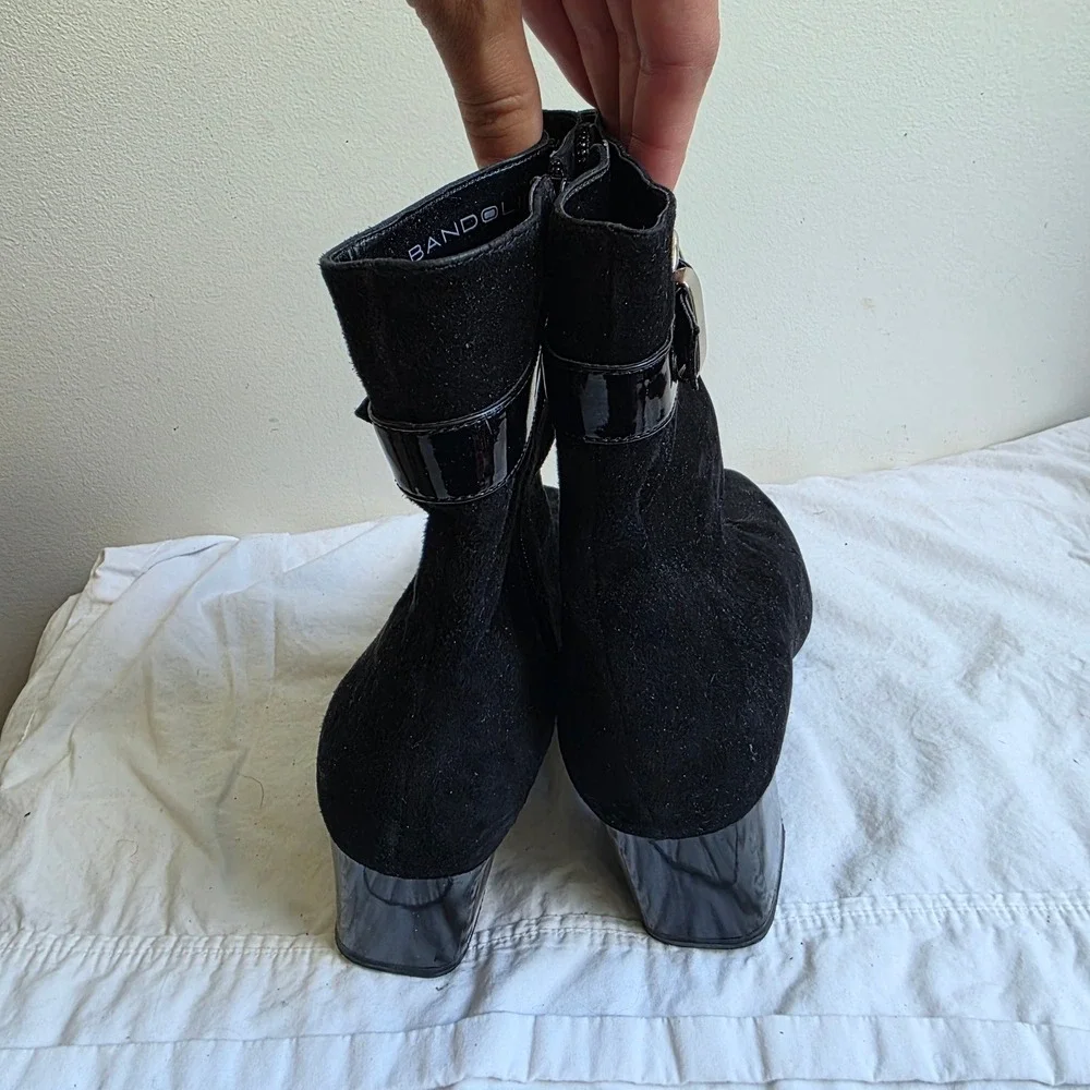 Bandolino Black Suede Ankle Boots Square Toe Buckle Block Heel Womens 7M Y2K 90s
